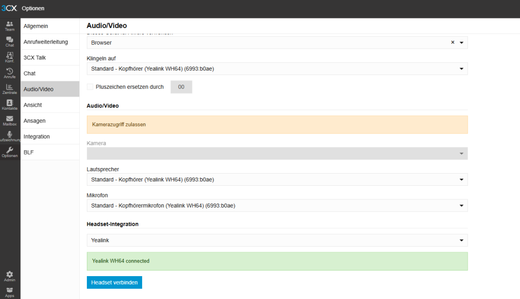 Sollte unter Audio/Video in der 3CX die Headset Integration leer sein oder ein rote Fehlermeldung, wählen Sie die entsprechende Integration (in diesem Fall Yealink) und klicken Sie unten auf Headset verbinden. Lautsprecher und Mikrofon müssen korrekt ausgewählt sein (Unser Fall Yealink WH64)