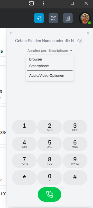 Öffnen Sie den Dialer und wählen Sie als Ausgabegerät Smartphone aus.