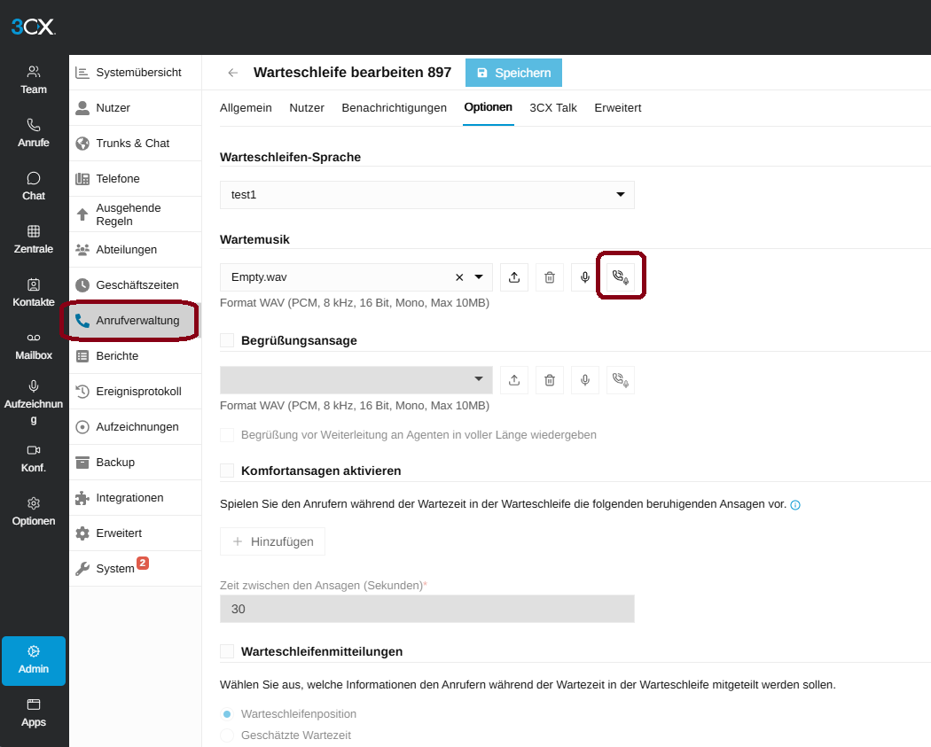 In den Anrufweiterleitungen und den entsprechenden Warteschleifen lassen sich auch ganz bequem die Ansagen direkt aufnehmen.