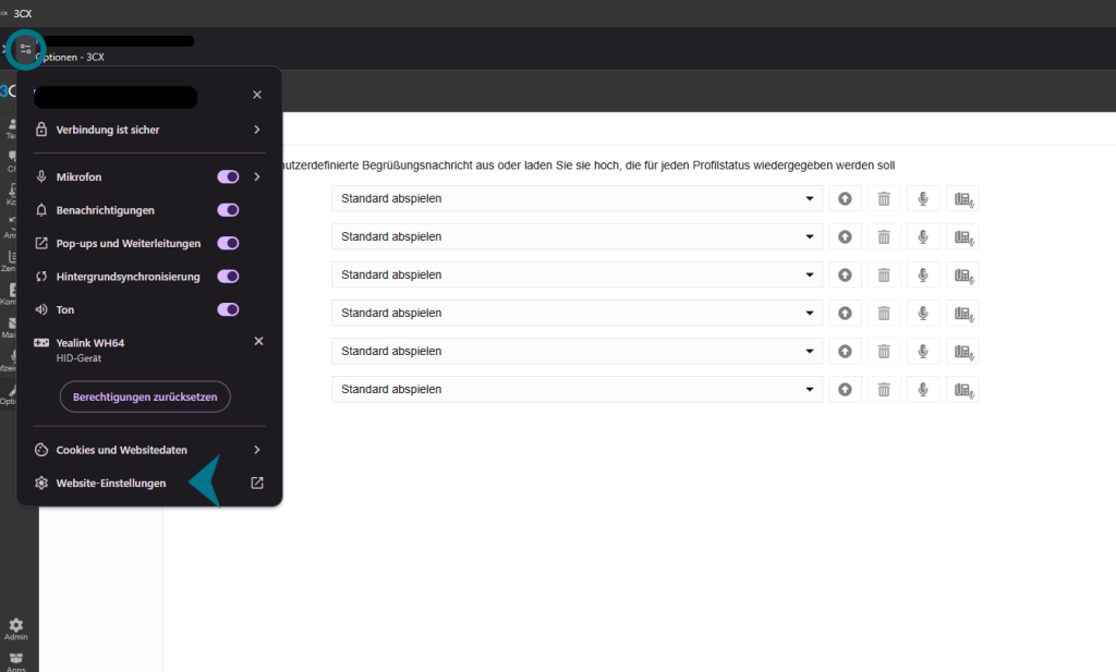 Hier sind alle wichtigen Punkte aufgelistet die eine Berechtigung benötigen. Wollen Sie die vollständige Liste im Browser anzeigen lassen, klicken Sie auf "Website Einstellungen".