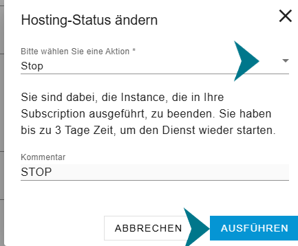 Dann unter dem Pfeil, Stopp wählen und ausführen.