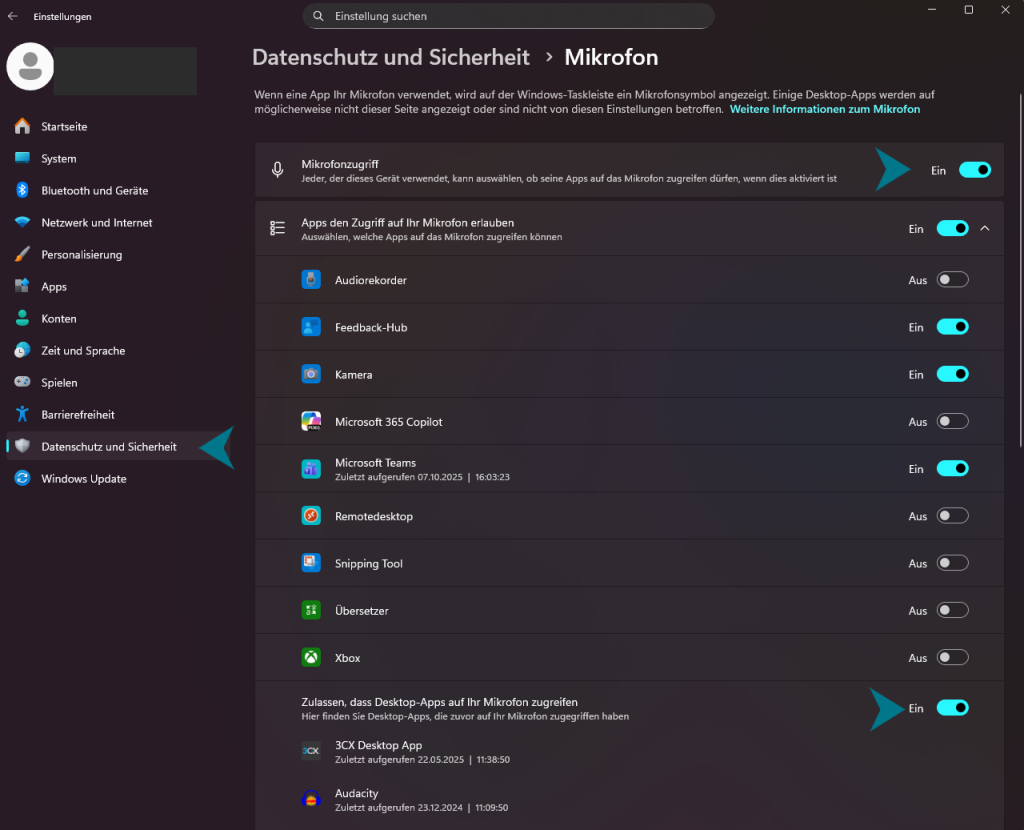 Unter Einstellungen, Datenschutz und Sicherheit suchen Sie nach Mikrofon und Mikrofonzugriff. Hier muss für die Apps der Zugriff erlaubt sein. Man kann auch für einzelne Apps den Zugriff aktivieren oder deaktivieren, schauen Sie ob bei der 3CX App ggf. der Zugriff auf "Aus" steht.