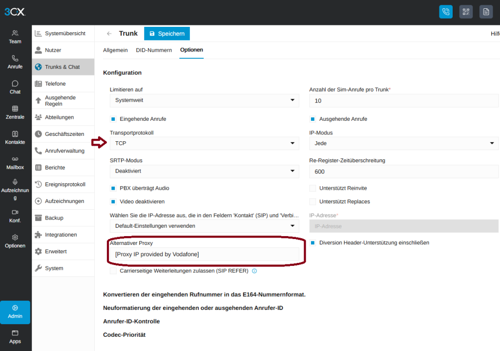 Klären Sie mit Vodafone, welchen alternativen Proxy Sie hier angeben müssen und ob als Transportprotokoll TCP oder UDP verwendet wird.