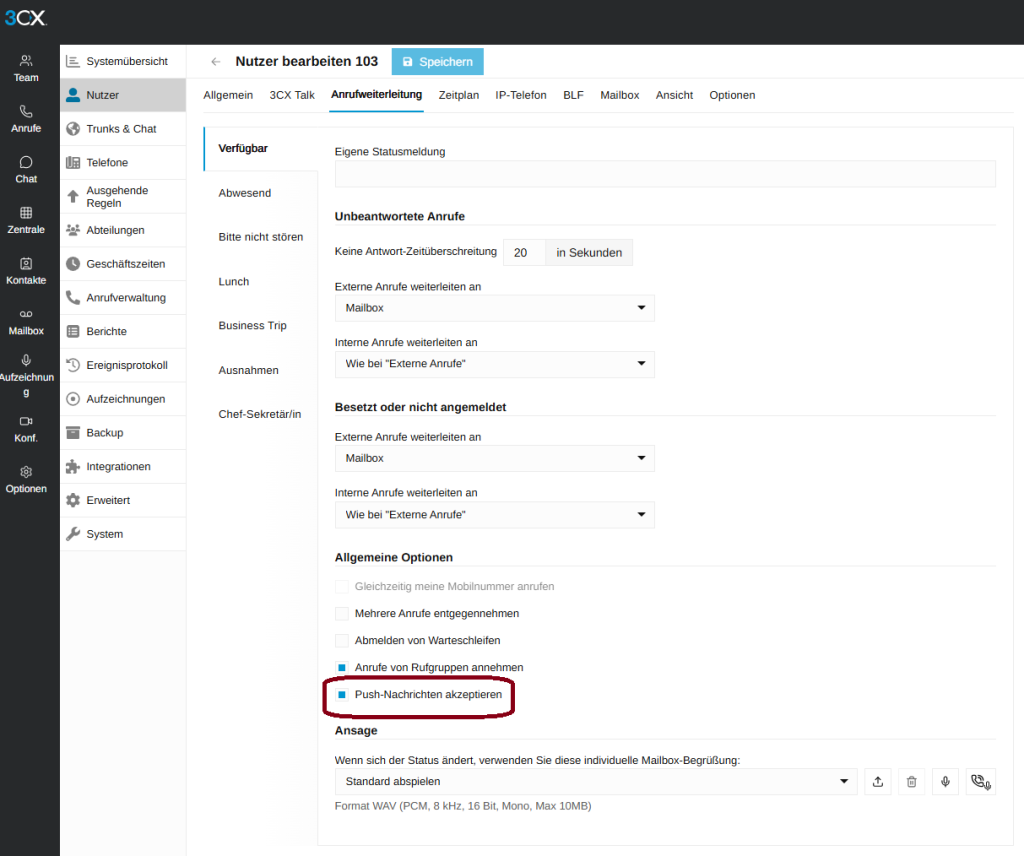 Prüfen Sie im Adminbereich, ob im entsprechenden User Push-Nachrichten akzeptieren aktiviert ist