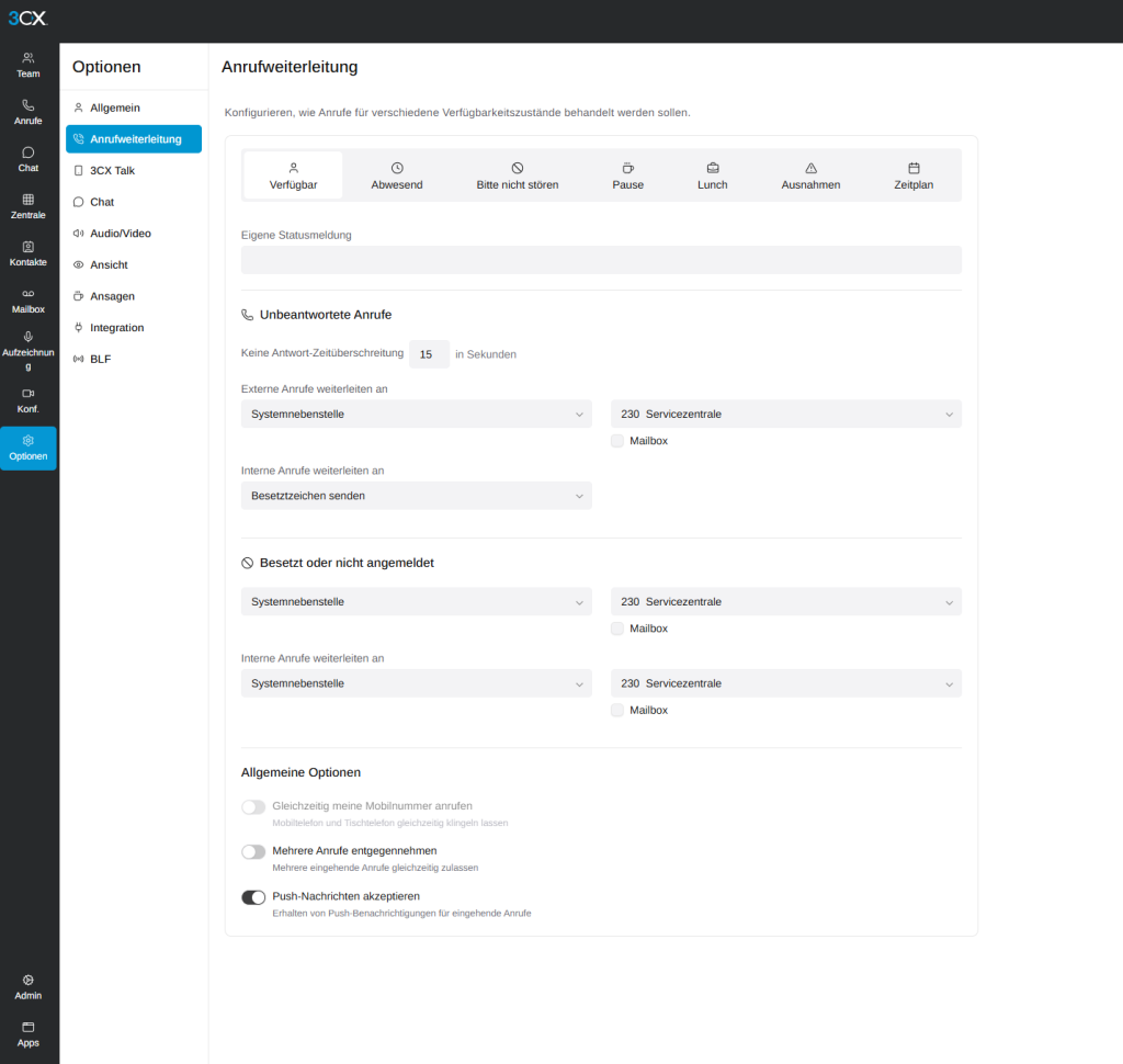 Überprüfen Sie auch die Einstellung im User selbst, also in der Desktop/PC-App: unter Optionen-Anrufweiterleitungen