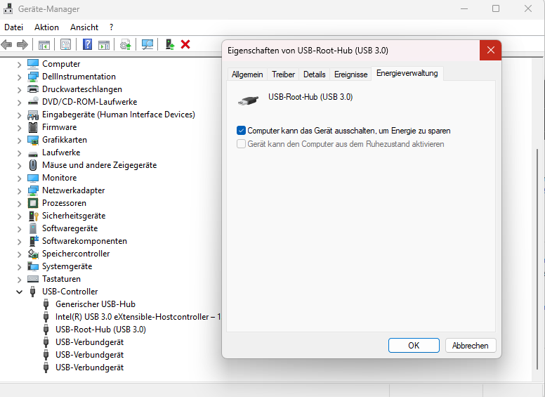 Hier sollte die Checkbox "Computer kann das Gerät ausschalten, um Energie zu sparen" entfernt werden.
